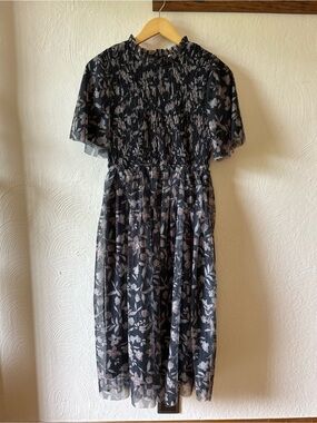 orange creek Black and Gray Floral Smocked Midi Dress
